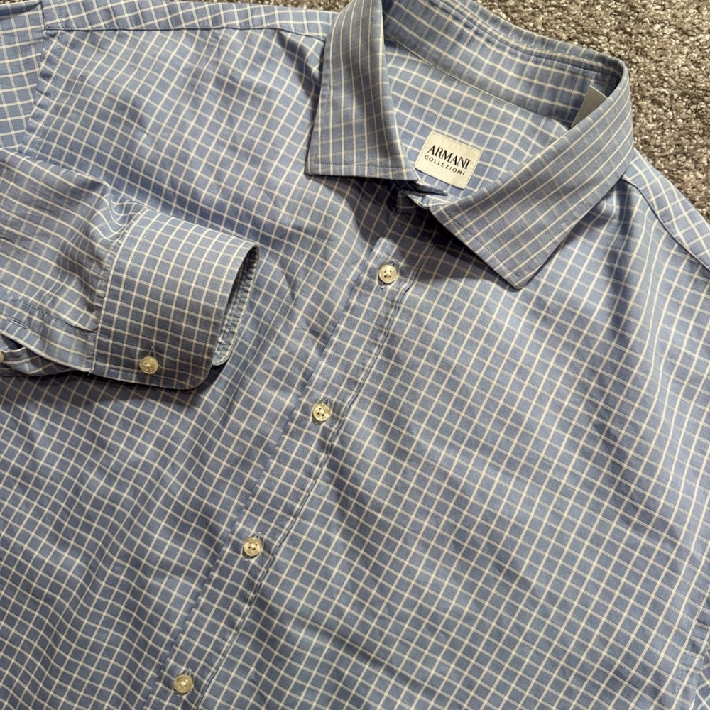 Armani Collezioni Dress Shirt Mens 16.5 L Blue Plaid Cotton Luxury Designer Work